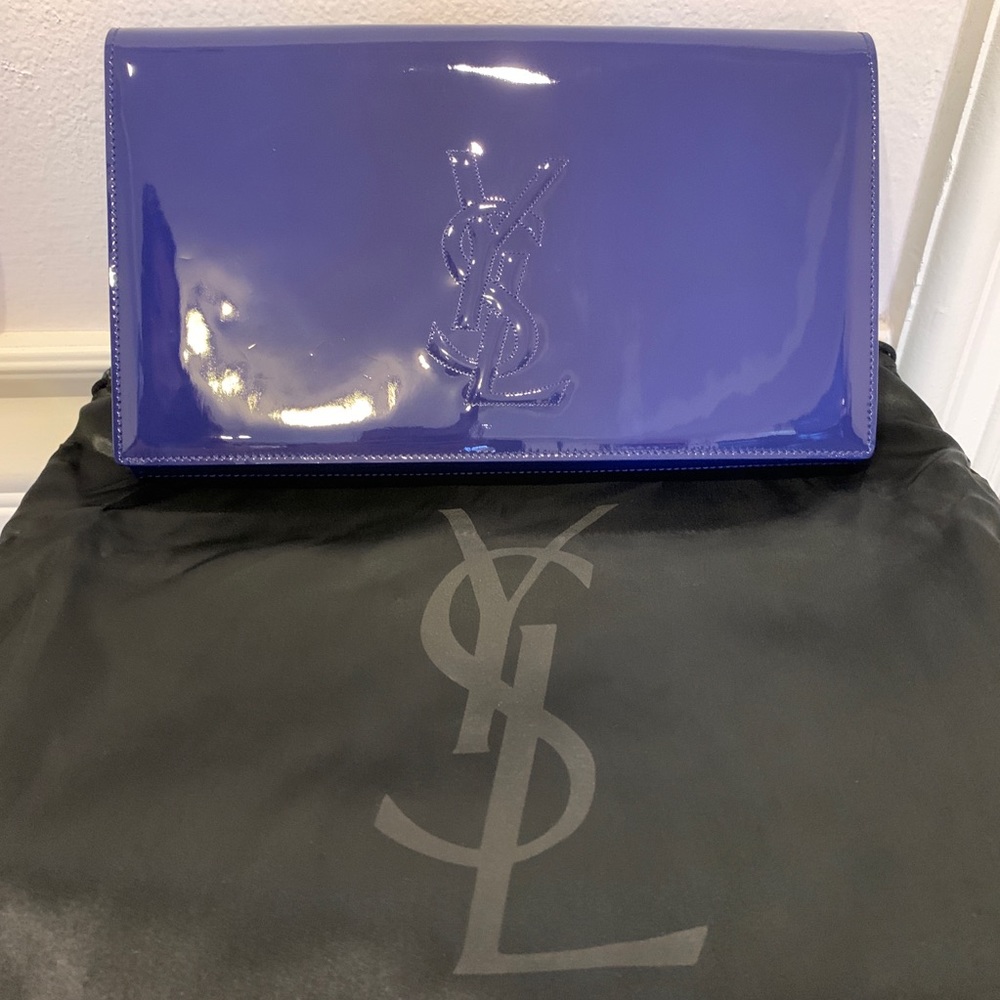 YSL belle de Jour Large blue patent leather clutch